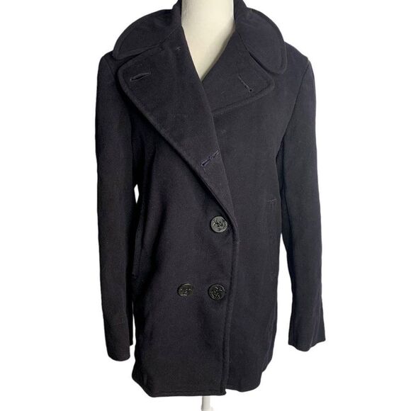 Vintage 50s Military US Navy Pea Coat 36 Black Wool Button Pockets Notch Collar - Picture 1 of 9